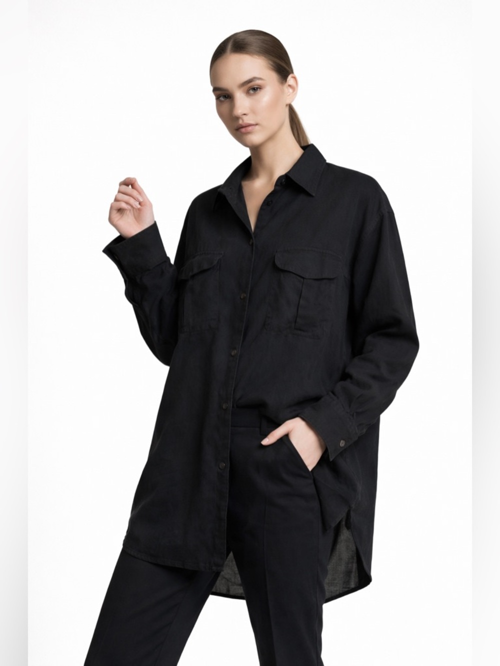 French Connection Black Button Up Tunic Top Long Sleeve